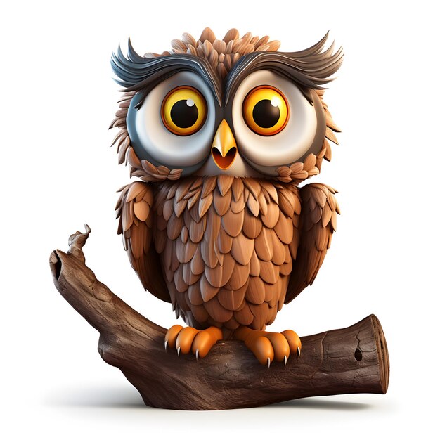 Cartoon 3d owl on the tree isolated on white