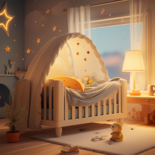 Photo cartoon 3d rendering of baby crib