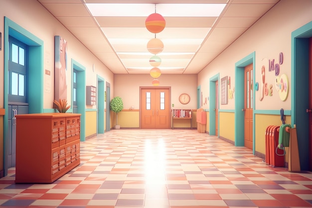 Cartoon 3D-stijl illustratie van school interieur