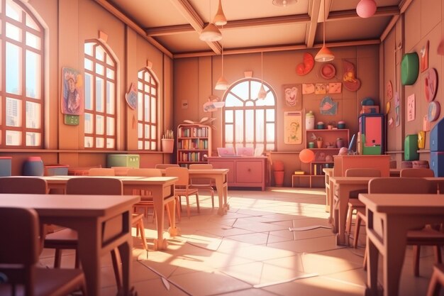 Cartoon 3D Style Illustration of School Interior