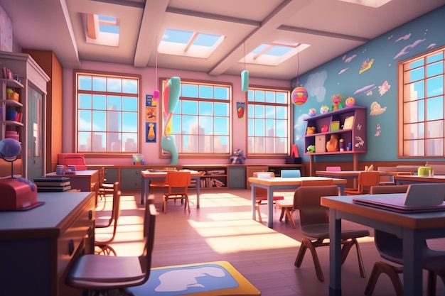 Cartoon 3D Style Illustration of School Interior