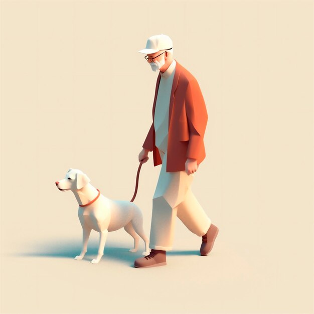 Cartoon 3D stylized illustration of elderly man walking with guide dog AI generated