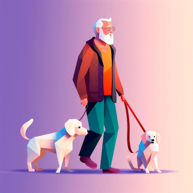 Cartoon 3D stylized illustration of elderly man walking with guide dog AI generated