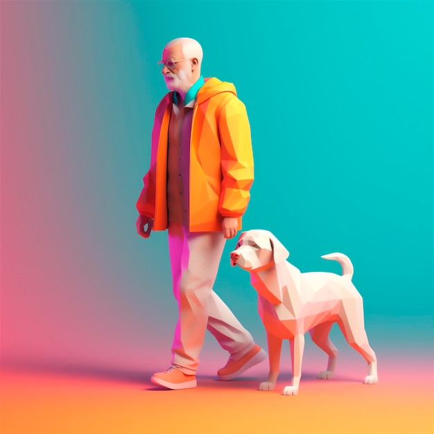 Cartoon 3D stylized illustration of elderly man walking with guide dog AI generated