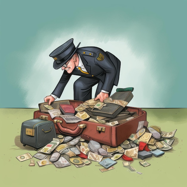 Фото Мультфильм полицейский проверяет чемодан, полный банкнот сатирический