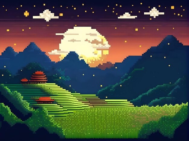 Cartoon Abstract Pixel Art Illustratie van rijstpaddy veld terrassen met maan en vuurvliegjes