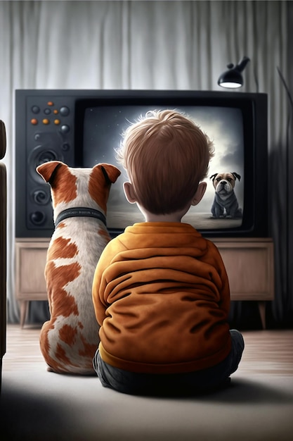 Cartoon Achteraanzicht van schattige kleine jongen die televisie kijkt met hondenvrienden Generatieve AI