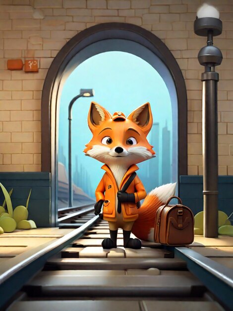Cartoon-achtige illustratie van een vos op een treinstation