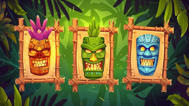 Photo cartoon ad posters with tribal masks wrapped in bamboo frames and palm leaves for a tiki bar signboards with glowing fonts for an amusement establishment modern banner