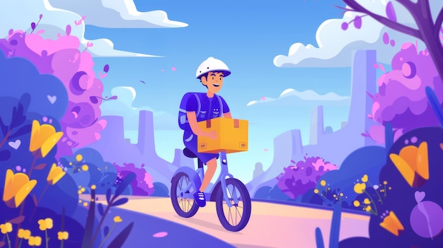 Photo cartoon advertising web banner with courier boy wearing uniform and riding unicycle shipping service promo ads design modern mobile app onboard screen page