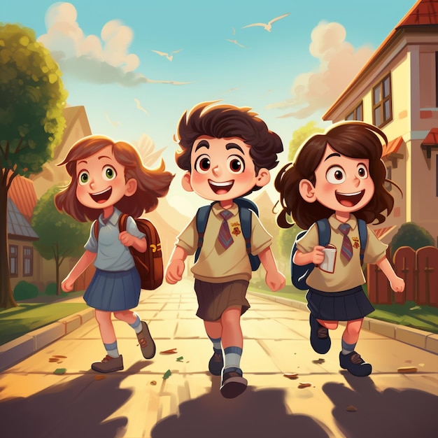 Cartoon afbeelding ontwerp van sommige kinderen die rennen, gaan naar school, perfect om een spandoek of flyer te maken