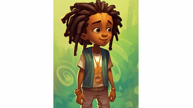 cartoon afbeelding van een jonge jongen met dreadlocks en een vest generatieve ai