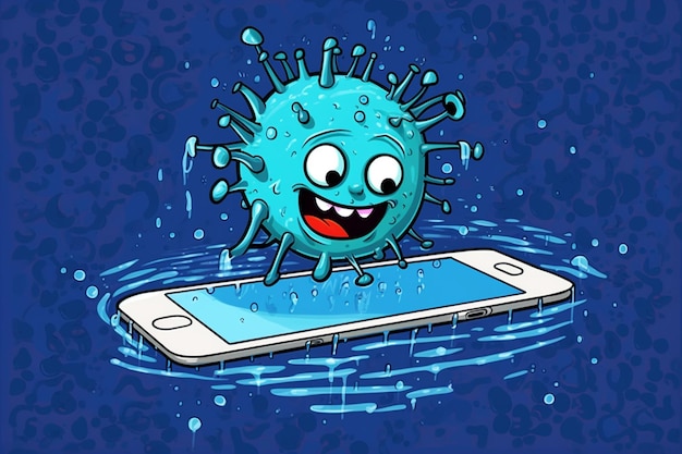 cartoon afbeelding van een mobiele telefoon met een blauw virus erop generatieve ai