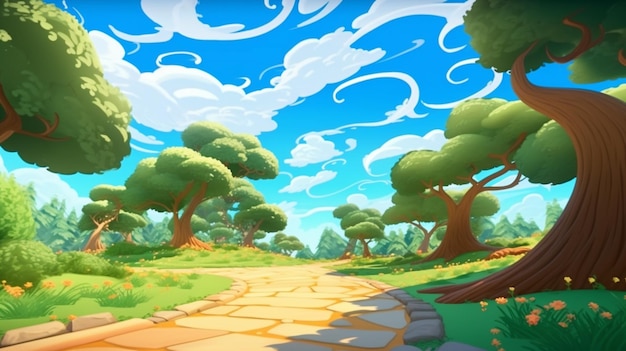 cartoon afbeelding van een pad in een groen bos met bomen generatieve ai