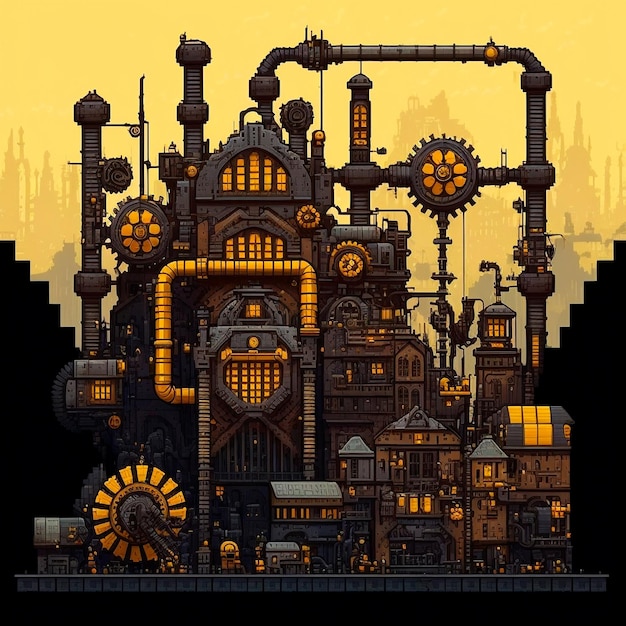 Cartoon afbeelding van een steampunk stad gestileerd als pixelart