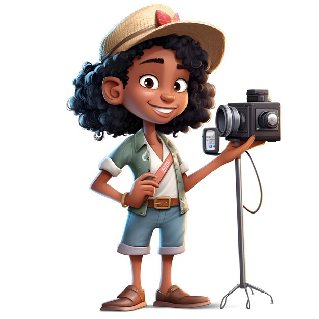 Cartoon african american safari girl with camera on white background