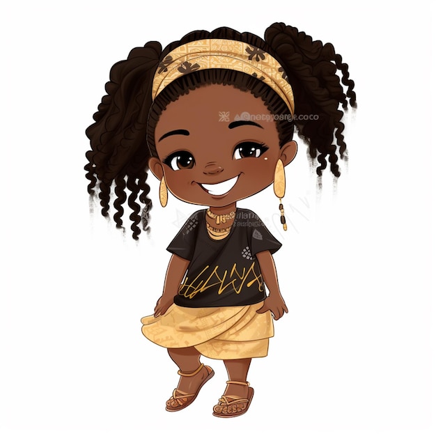 사진 ⁇ 은 머리카락과 검은 셔츠를 입은 만화 아프리카 소녀