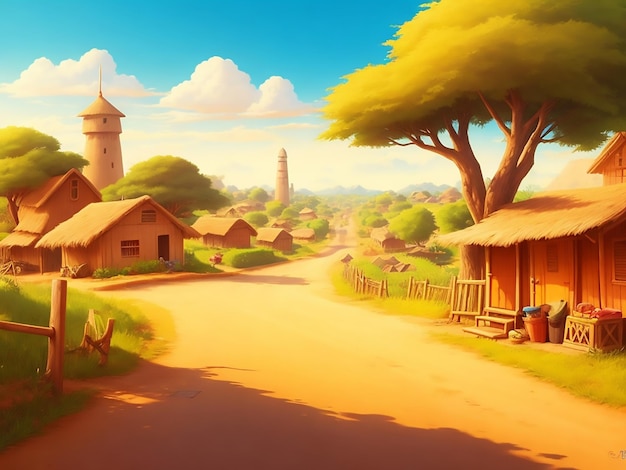 cartoon African village road background sunny day