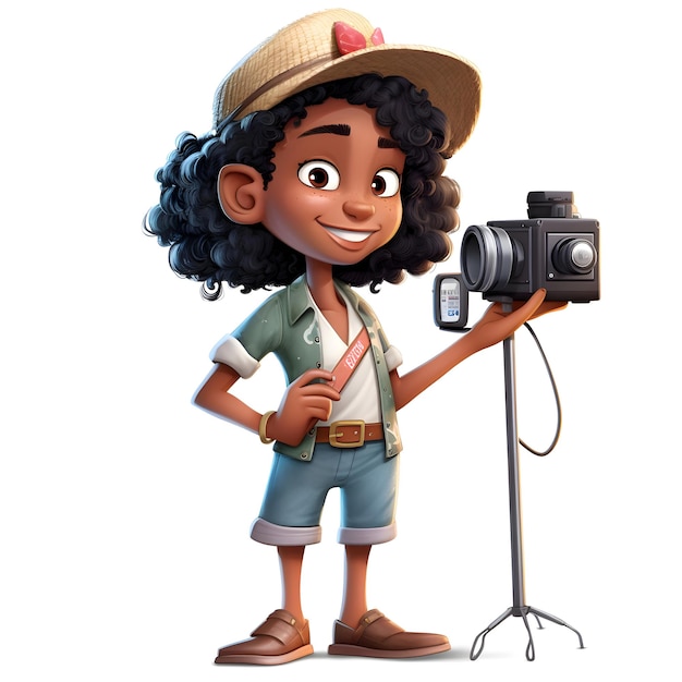 Cartoon Afro-Amerikaanse safari meisje met camera op witte achtergrond