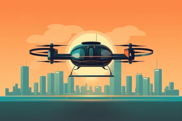 A cartoon Air taxi of a drone flying over a city