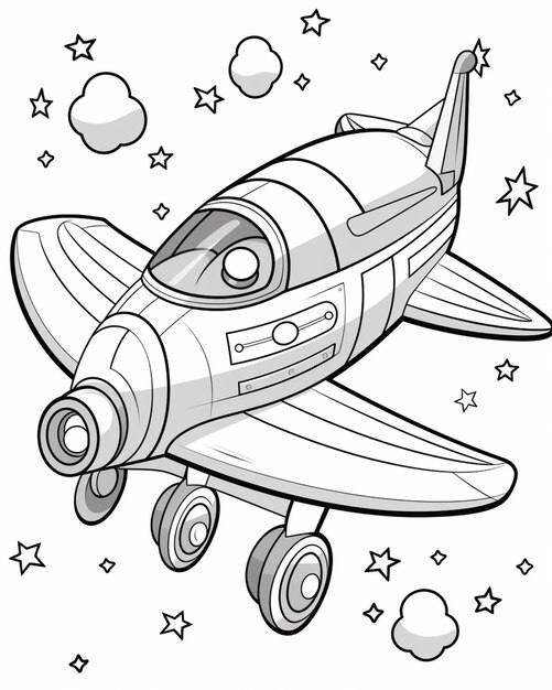 a cartoon airplane flying through the sky with stars around it generative ai