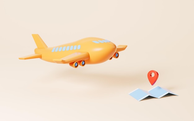 Cartoon airplane and location in the yellow background 3d rendering