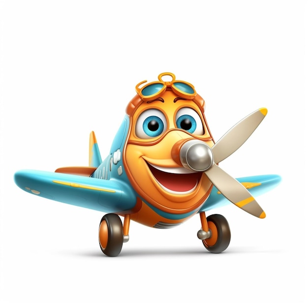 웃는 얼굴과 코에 보호 안경이 있는 만화 비행기
