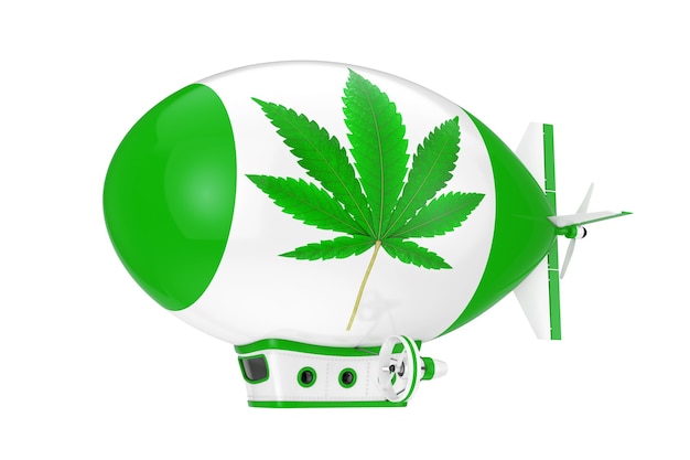 Cartoon Airship Dirigible Balloon with Medical Marijuana or Cannabis Hemp Leaf Sign on a white background. 3d Rendering