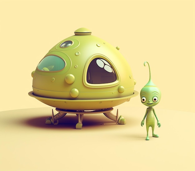 cartoon alien met een groen buitenaards ruimteschip en een kleine buitenaardse generatieve ai