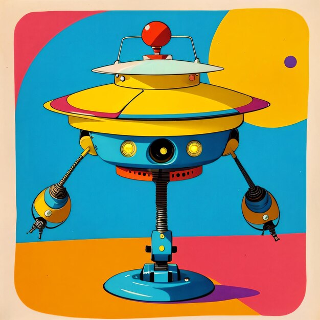 Photo a cartoon alien robot with a red ball on top of its head and legs standing on a pedestal with a bl