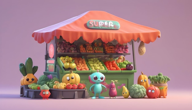 Foto alien dei cartoni animati che vende verdure e frutta
