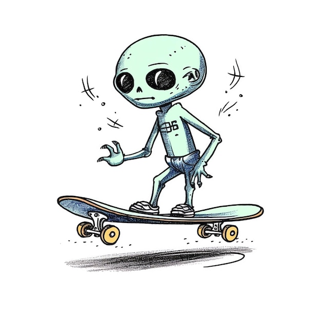 a cartoon of a alien on a skateboard