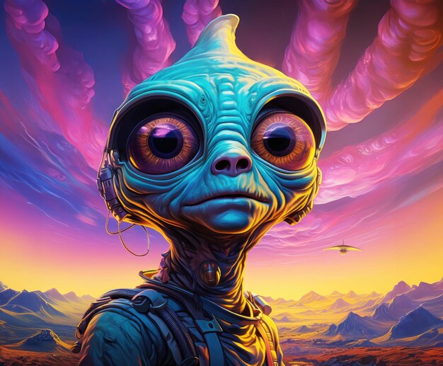 Cartoon alien with big eyes on a colourful otherworldly background