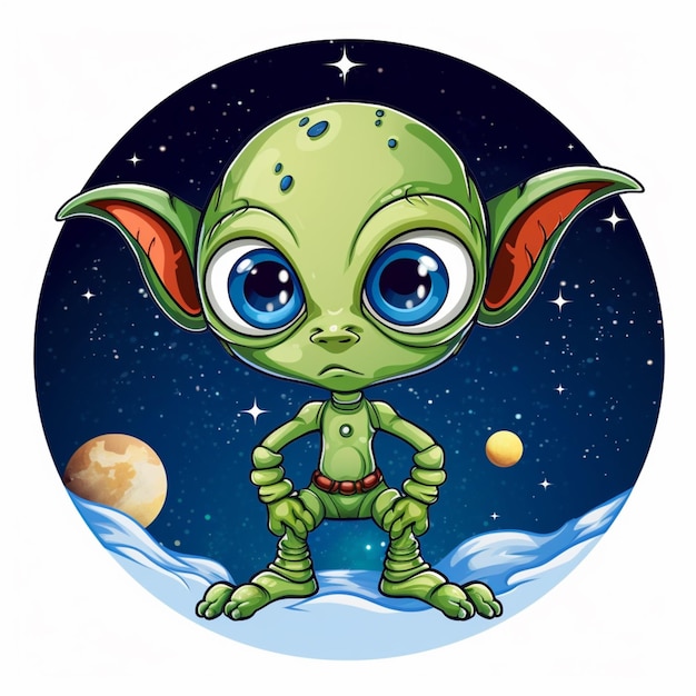 cartoon alien with big eyes and a green body standing in front of a planet generative ai