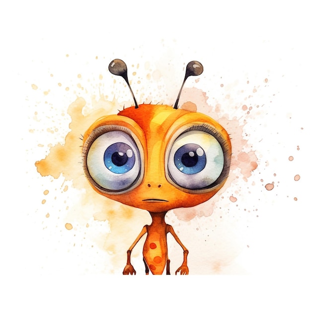 A cartoon alien with big eyes is sitting in front of a watercolor background.