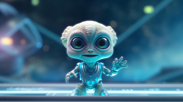 A cartoon alien with big eyes stands on a shiny surfacegenerative ai