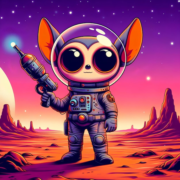 Cartoon alien with gun in space