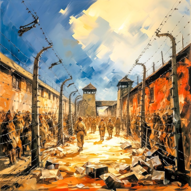 Cartoon alley between a barbed wire fence in a concentration camp prisoners made with Generative AI