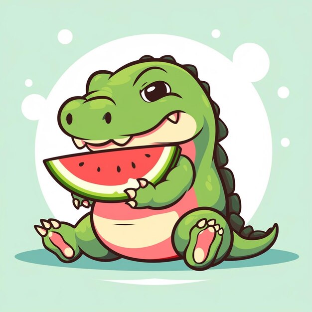 Photo cartoon alligator eating a piece of watermelon generative ai