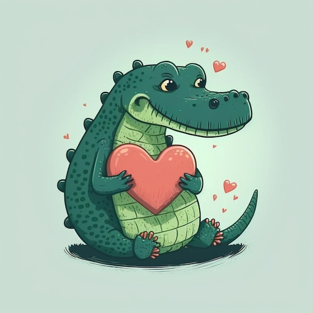 Cartoon alligator holding a heart with hearts around it generative ai