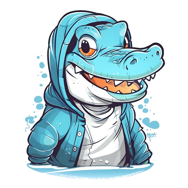 A cartoon alligator wearing a hoodie that says alligator on it.