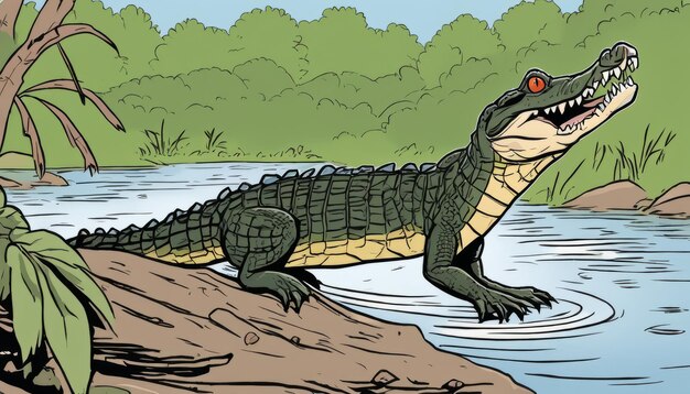 A cartoon alligator with a red eye