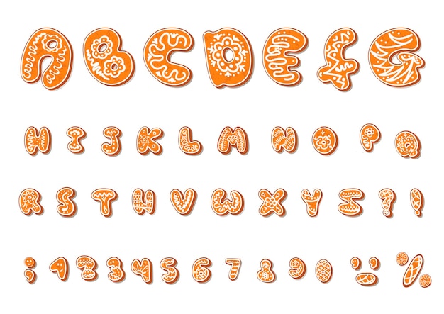 釉薬で設定されたクリスマスまたは新年のアルファベットのジンジャーブレッドクッキーの漫画のアルファベット。白い背景の上の孤立したテクスチャ文字。