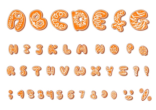 Cartoon alphabet of Christmas or New Year alphabet gingerbread cookies set with glaze. Isolated textured letters on white background.