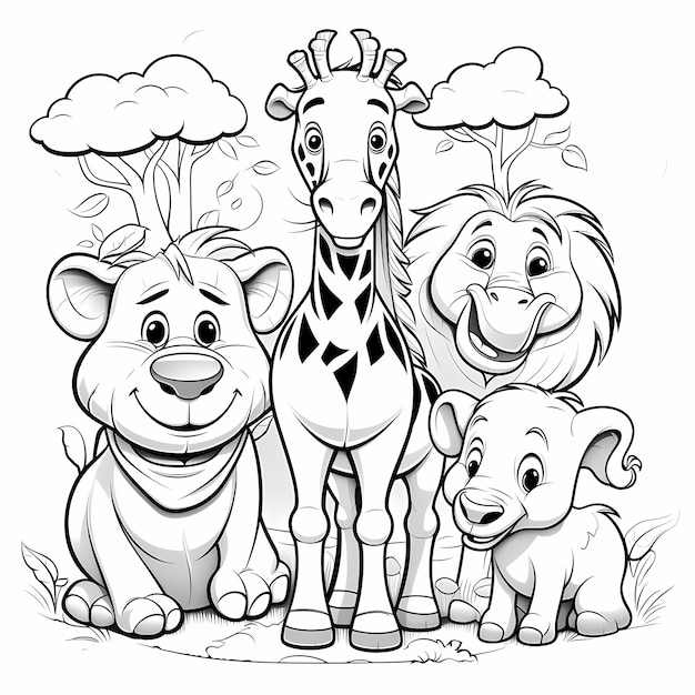 Photo cartoon animal coloring page for kids with giraffe bear horse monkey bird