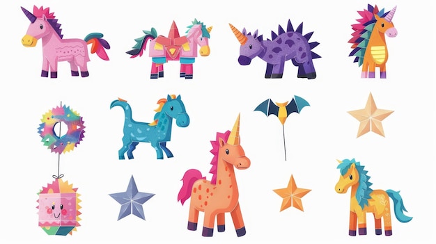 Cartoon animal pinatas and bat isolated on white background Modern illustration of colorful paper accessories for a traditional Mexican party in the shape of a dinosaur horse unicorn star and
