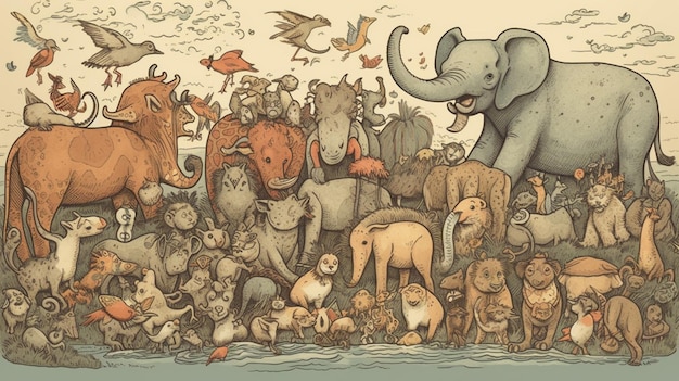 Мультфильм животных, включая носорога, носорога и слона.