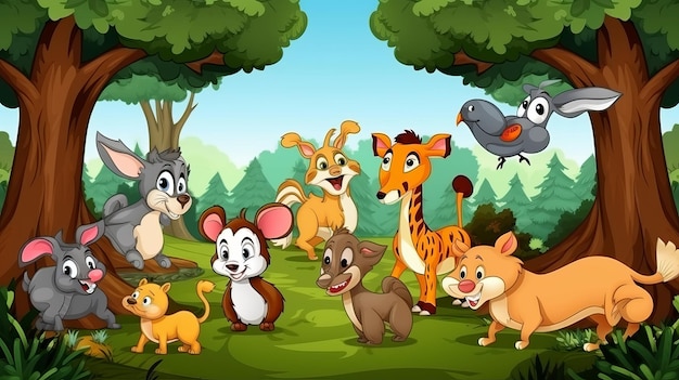 Photo cartoon animals in the jungle