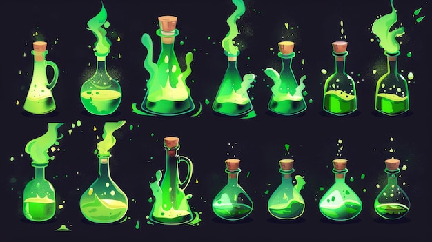 マジック・エリクシアの化学反応による燃える煙の爆発のアニメーション ガラスのボトルと膨らむ雲の近代的なイラスト