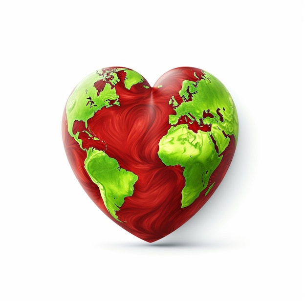 cartoon animation of green earth in the form of red love on a white background